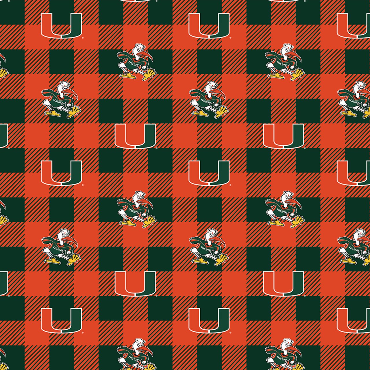 Sykel Enterprises-University of Miami Fleece Fabric-Miami Hurricanes Buffalo Plaid Fleece Blanket Fabric-Sold by the yard